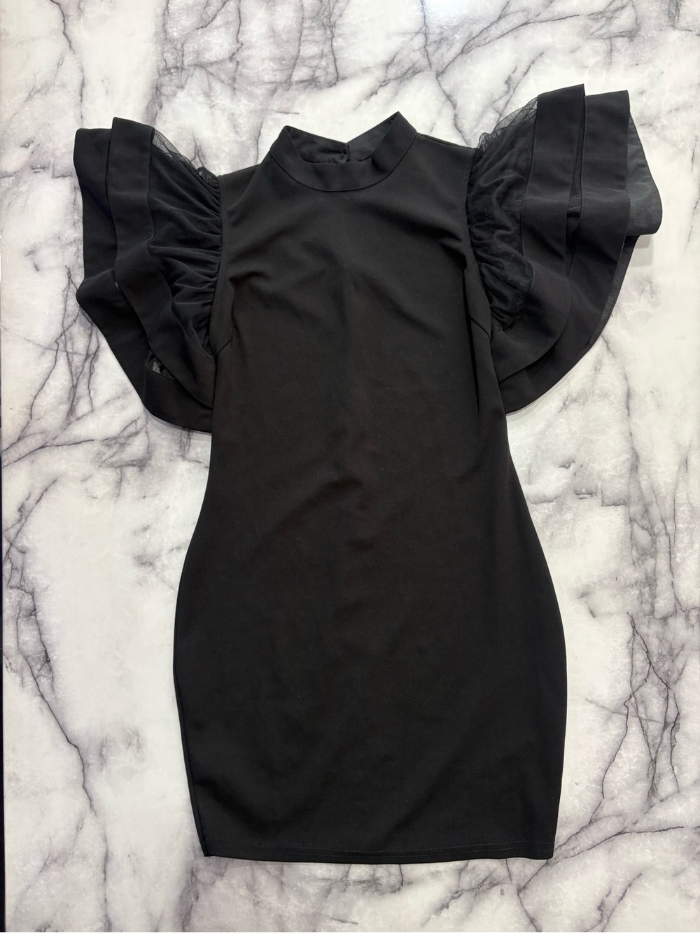 Black Ruffle-Sleeve Mini Dress with Sheer Shoulder Panels - Picture 2 of 4